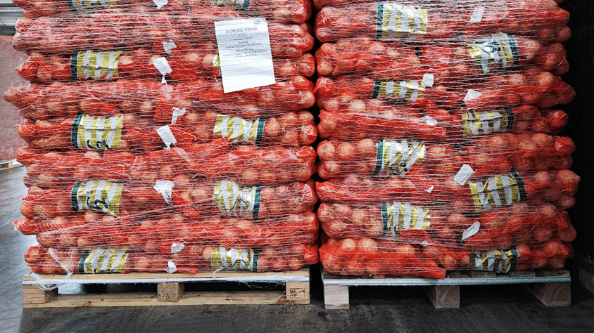 Pallets of onions in a warehouse